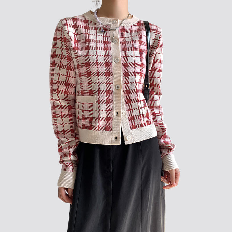 Cardigan court boutonné à manches longues pour femme, pull à carreaux