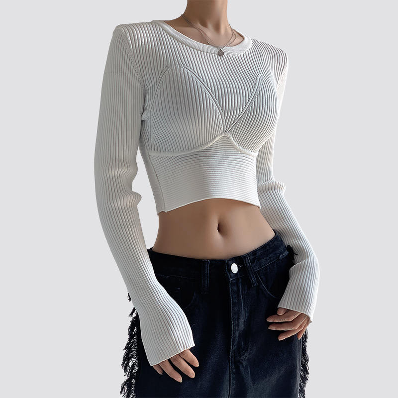 Haut court blanc à manches longues pour femmes, pull tricoté serré
