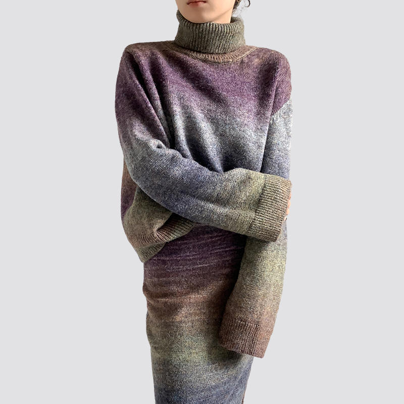 Ensemble deux pièces pull à col roulé violet dégradé et jupe longue